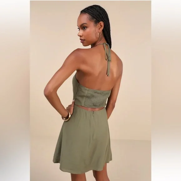 Breezy Date Olive Green Cutout Halter Mini Dress - Picture 2 of 3